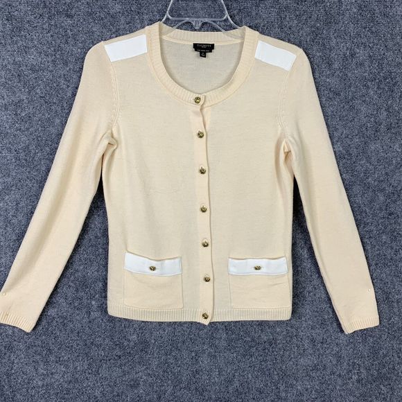 Talbots Cardigan Merino Wool Women Petite S Pale Yellow Pockets Gold Buttons - Picture 1 of 12